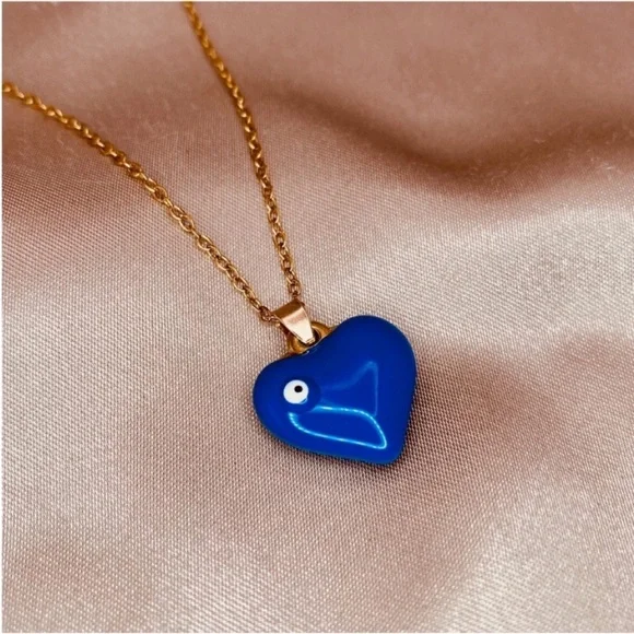 Blue Enameled Heart Turkish Evil Eye 🧿 Pendant Dainty Chain Necklace - Picture 5 of 6